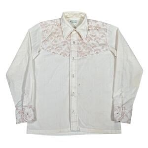 Vintage 70s Permanent Press Western Shirt Quilted Paisley Yoke White Long Sleeve